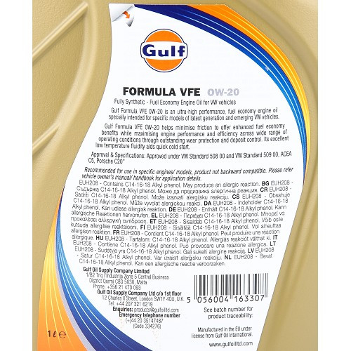  Aceite de motor GULF Formula VFE 0W20 PORSCHE C20 - 100% sintético - 1 Litro - UD30473-2 