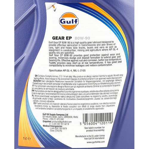  GULF GEAR EP 80W90 API GL-4 aceite manual para caja de cambios y ejes - mineral - 1 Litro - UD30476-2 