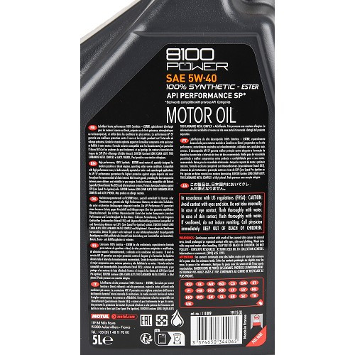 Huile moteur sport MOTUL 8100 POWER 5W40 - 100% synthèse - 5 Litres - UD31005