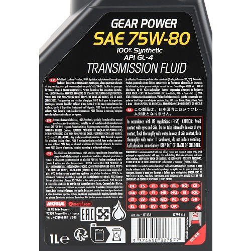 Aceite para caja de cambios manual MOTUL GEAR POWER 75W80 - sintético - 1 Litro - UD31008