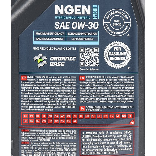 Huile moteur MOTUL NGEN HYBRID 0W30 - synthétique - 4 Litres - UD31015