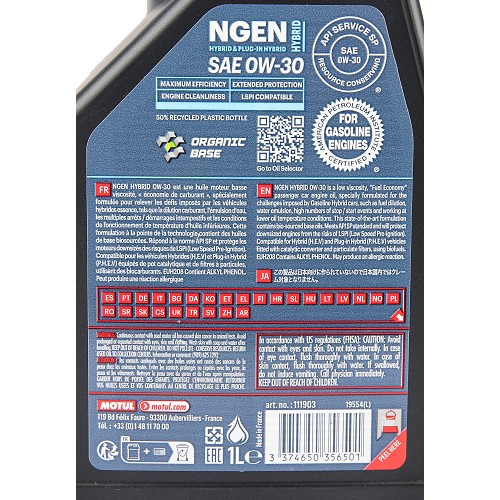 Óleo de motor MOTUL NGEN HYBRID 0W30 - sintético - 1 litro - UD31016