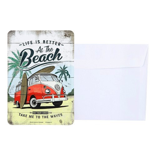 Cartolina postale in metallo VW COMBI SPLIT LIFE IS BETTER AT THE BEACH - 10 x 14 cm - UF01692