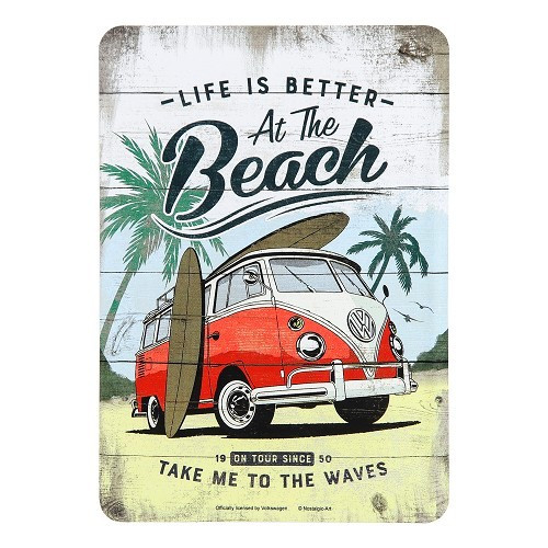  Metallpostkarte VW COMBI SPLIT LIFE IS BETTER AT THE BEACH - 10 x 14 cm - UF01692 