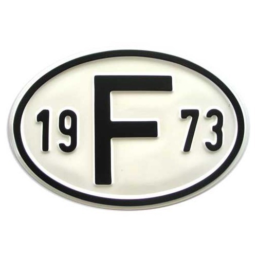 "F" metal country plate with year 1973