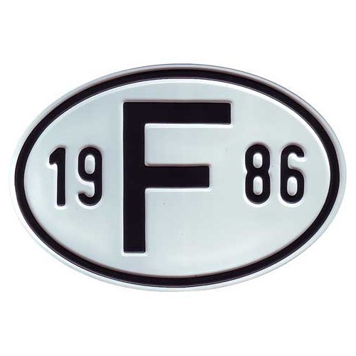  "F" metal country plate with year 1986 - VF1986 